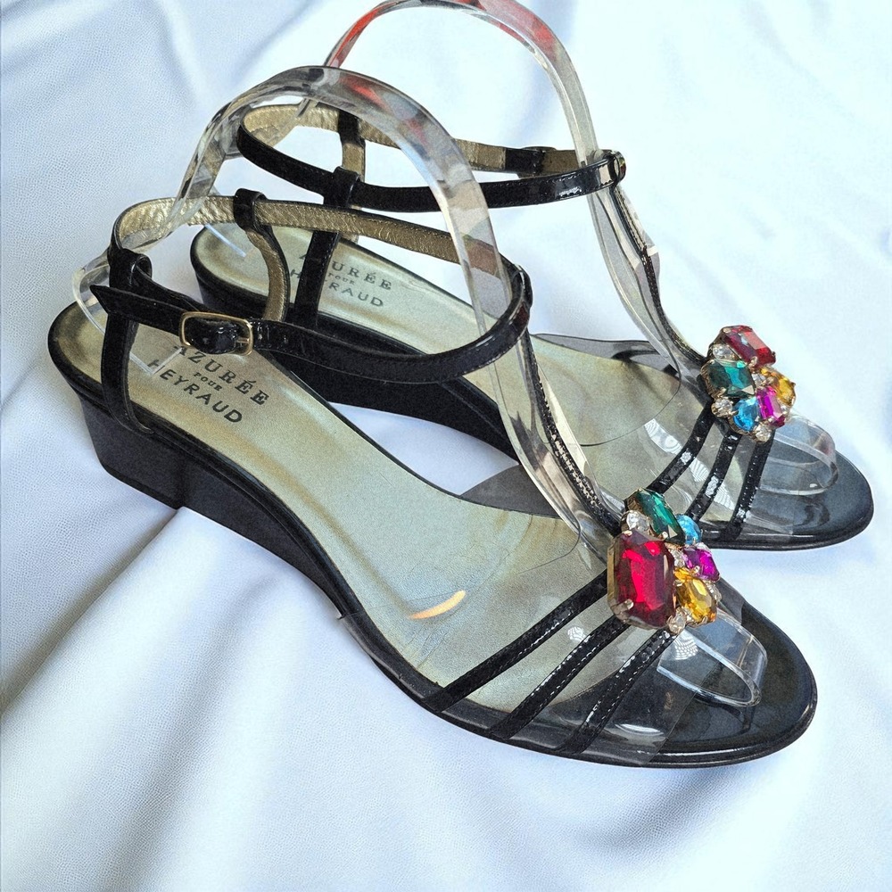 Azuree‎ Pour Heyraud Embellished Wedge Sandals Black Clear Strappy Woman Size 8